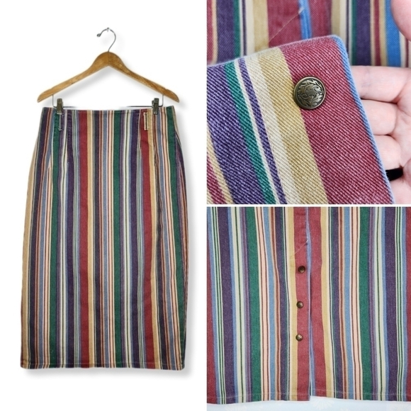 Vintage Multicolor Stripe Denim Brass Snap Pleated Pencil Skirt Size 32 - Picture 1 of 12